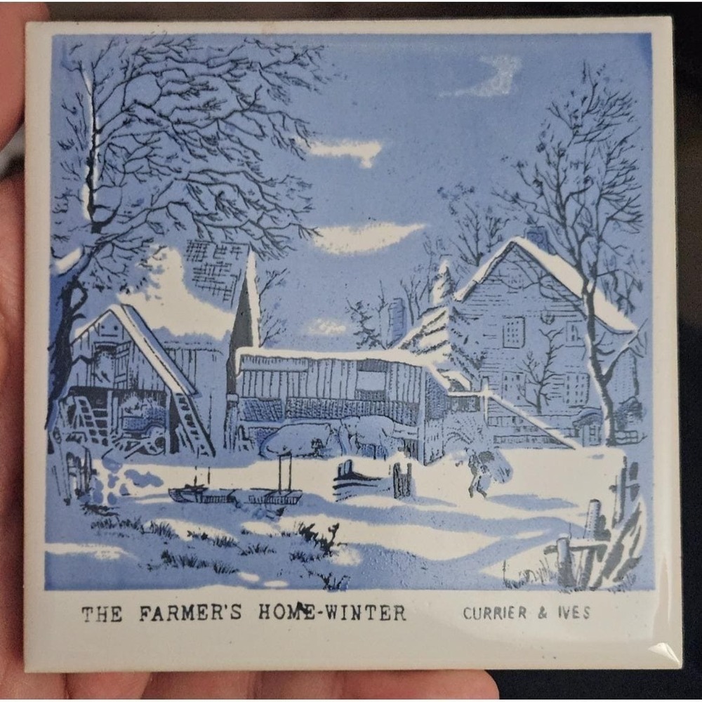 2 Vintage Currier & Ives Winter Scene Tile Trivet - 4.25"X4.25" - Cathay Tile